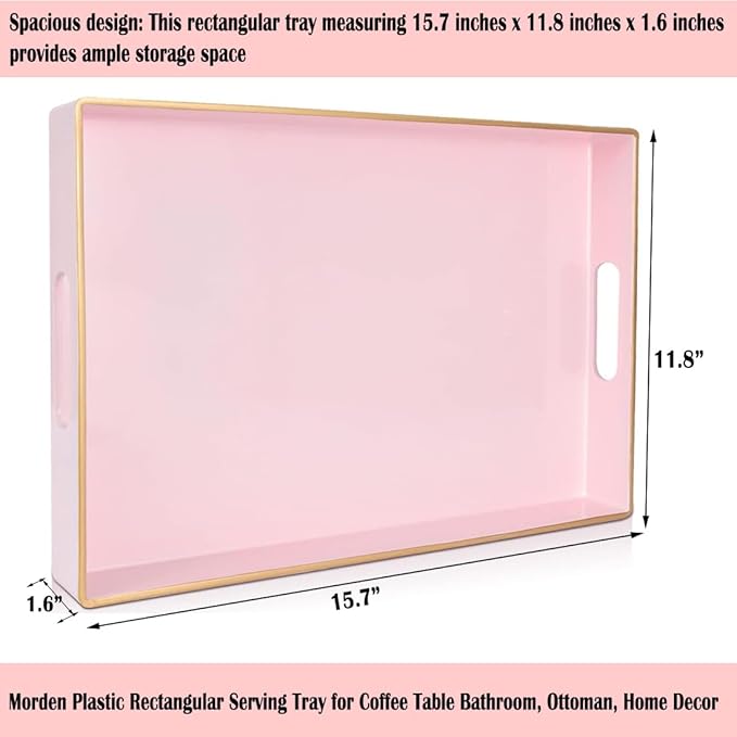 Large Pink Rectangular Decorative Tray – Plastic Serving Tray with Handles for Coffee Table, Ottoman, Living Room, 15.7” x 11.8” x 1.6-Ruum Studio Home