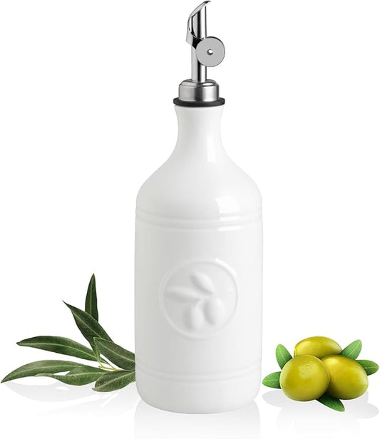 Sweejar 16 Oz Ceramic Olive Oil Dispenser Bottle, Oil Dispenser for Kitchen with Gravity Spout, Relief Opaque Oil Container for Evoo, Avocado Oil, Vinegar, Soy Sauce, 1 Pack(White, Silver Spout)-Ruum Studio Home