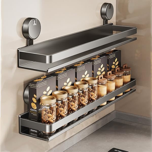 Spice Rack Wall Mounted 2 Pack,Suction Cups Spice Organizer for Cabinet,Large Capacity Metal Spice Shelf for Kitchen Cabinet, Pantry Doors, Bathroom, Shower, Home Decor (15.7 inch)-Ruum Studio Home