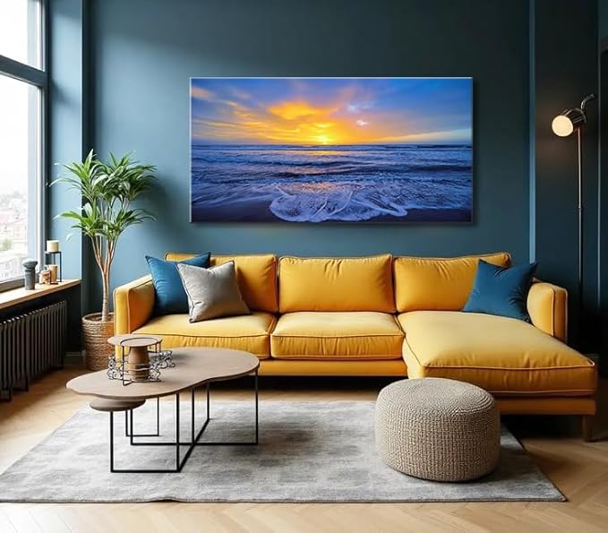 Wall Art Decor Large Sunset Canvas Print Picture Sunrise Ocean Beach Waves Scenery Modern Painting Artwork for Home Office Living Room Bedroom Decoration Framed Ready to Hang, 20x40Inch-Ruum Studio Home