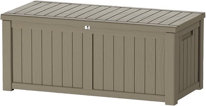 150 Gallon Lockable Resin Deck Box, Waterproof & UV-Resistant Outdoor Storage Box for Outdoor Cushion Storage, Garden Tools & Pool Accessories Storage, Gray-Ruum Studio Home