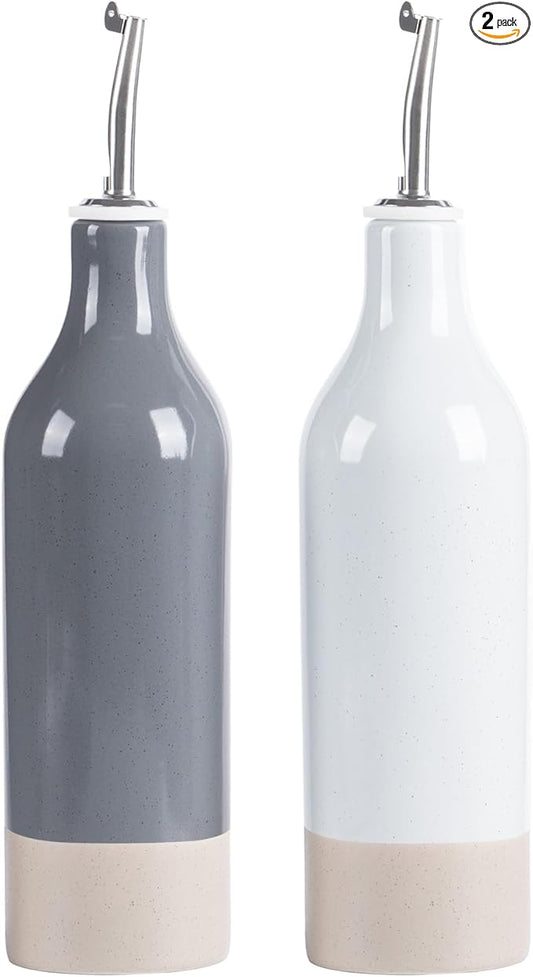 famiware Milkyway 16oz Ceramic Olive Oil Dispenser Bottle, Olive Oil and Vinegar Dispenser Bottle Set of 2 with Stainless Steel Pourers, Suitable for Storage Vinegar, Liquids, Light Gray and Dark Gray-Ruum Studio Home