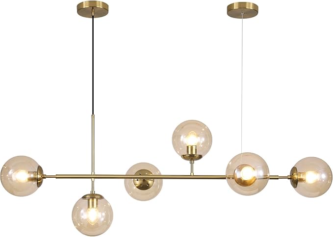 KCO Lighting Globe Linear Chandelier 6 Light Amber Glass Pendant Light Fixture Gold Kitchen Island Lighting Long Brass Sputnik Chandelier Dining Room Light Fixtures Over Table-Ruum Studio Home