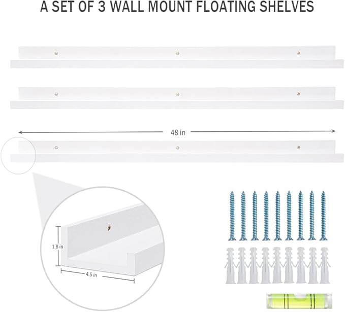 AZSKY 48 Inch White Large Picture Ledges Wood Photo Display Shelf Long Shallow Picture Shelf for Pictures with Lip Wall Mounted Set of 3 for Living Room Bedroom Bathroom Kitchen Same Sizes-Ruum Studio Home