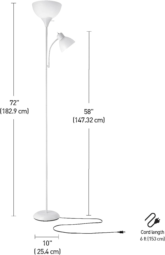 GLOBE Electric 67136 72" Torchiere Floor Lamp with Adjustable Reading Light, Matte White Finish, Frosted Shades, Rotary Switch on Socket, E26 Base-Ruum Studio Home