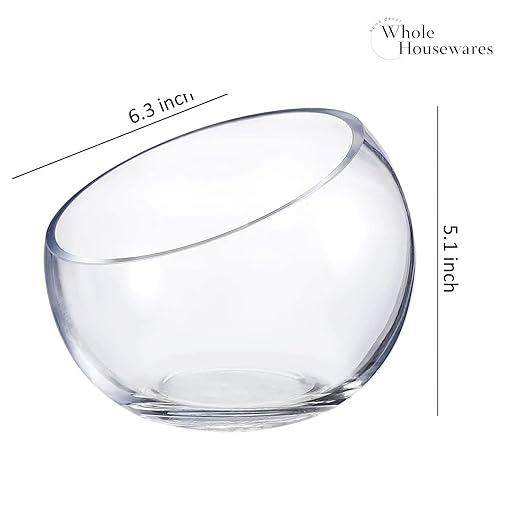 WHOLE HOUSEWARES | Slant Cut Bowl Glass Vase, Width 6.3", Height 5", Clear Terrarium Jar, Candy Jar, Fruit Jar, Floral Container for Wedding Party Event, Home Office Decor, 1 Piece-Ruum Studio Home