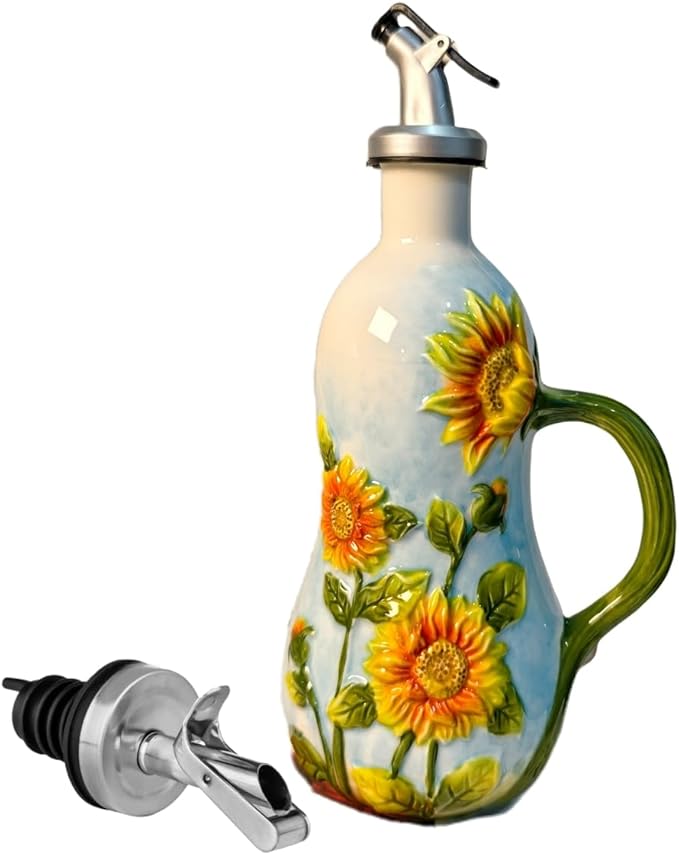 18.26oz/540ml Ceramics Olive Oil Dispenser Bottle,Hand Painted Reliefs Oil Dispenser for Kitchen,Oil Bottles for Kitchen (Sunflower)-Ruum Studio Home
