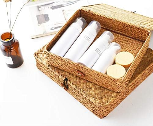 Seagrass Storage Basket Box with Lid Rectangular Woven Shelf Baskets Bins for Organize Snack Toys Set of 2 Natural Decorative(Large+Small)-Ruum Studio Home