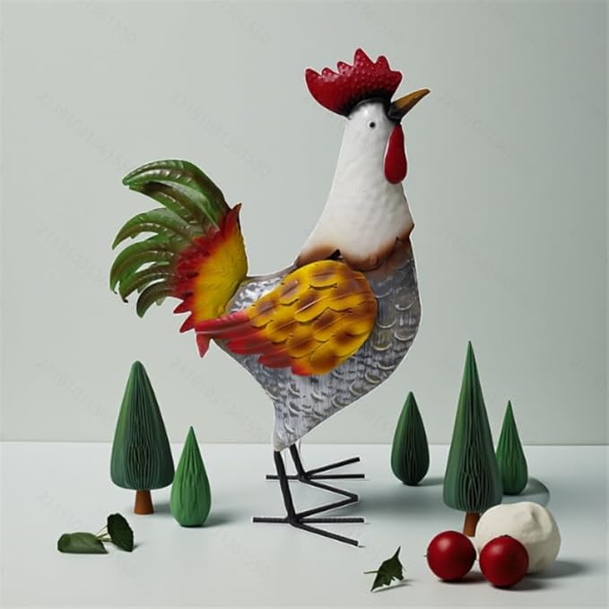 Metal Rooster Statue, Garden Outdoor Decor, Red and Gold Feathers, Weather Resistant, Metal Chicken Yard Art Sculpture, Iron Garden Animal Statue-Ruum Studio Home