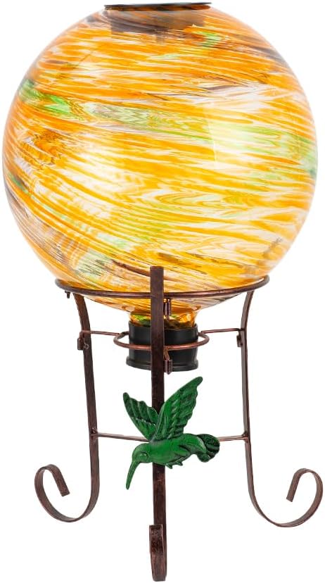 10" Diameter Solar Gazing Ball and 8.5" Metal Stand Indoor Outdoor Garden Ornament Glass Globe Sphere Yard Art Gazing Globe for Garden,Home,Lawn,Porch,Patio Birthday Gift for Women(Orange)-Ruum Studio Home