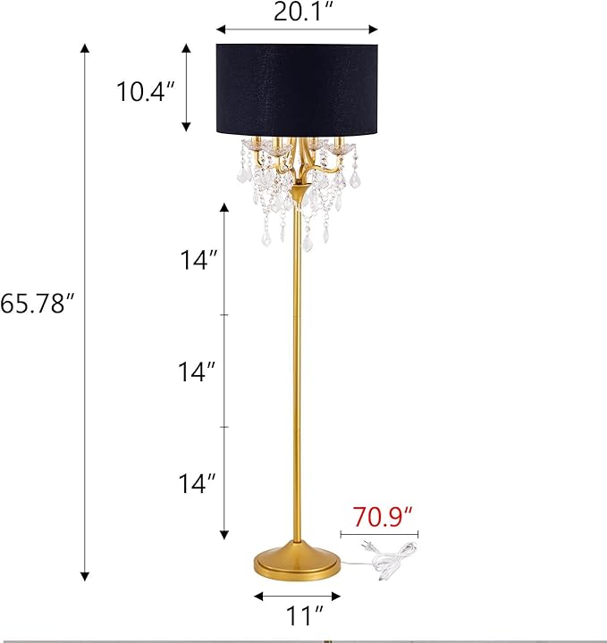 Wellmet Gold Crystal Drum Shade Floor Lamp, 6 Light Black Gold Shade, Candle Base for Living Room, Bedroom, Reading Room, Hallway, Corridor-Ruum Studio Home