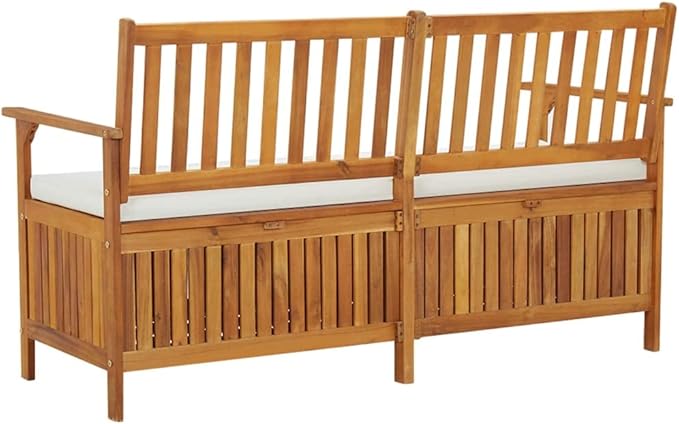 vidaXL Patio Storage Bench 58.3" - Solid Acacia Wood with Cream White Cushion - Versatile Wooden Bench for Indoor and Outdoor Use - with Ample Storage Space-Ruum Studio Home
