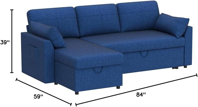 VanAcc Sleeper Sofa - 2 in 1 Pull Out Couch Bed with Storage Chaise for Living Room, Linen Blue-Ruum Studio Home