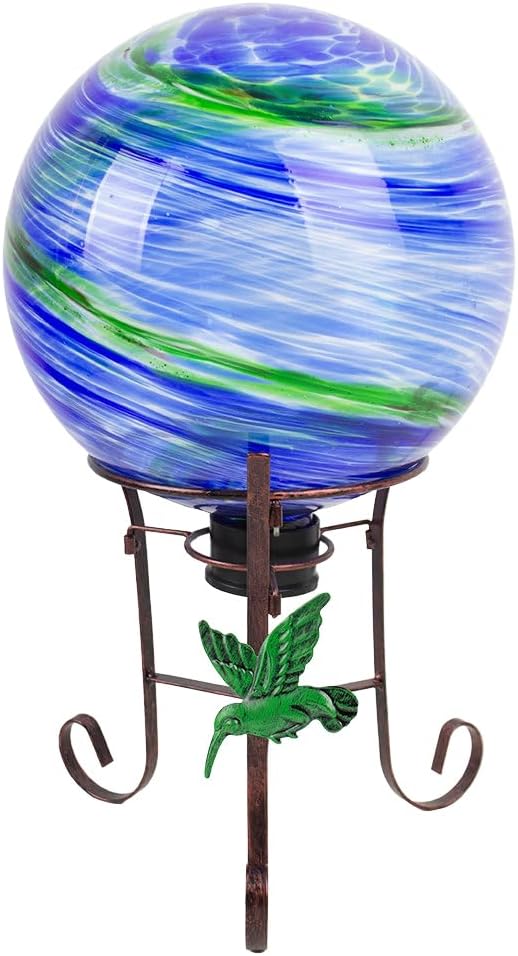 10" Diameter Gazing Ball with 8.5" Hummingbird Metal Stand Outdoor Garden Decor,Glass Globe Sphere Yard Art Decorations Outdoor,Glass Gazing Balls for Garden,Home,Lawn,Patio,Porch(Blue)-Ruum Studio Home