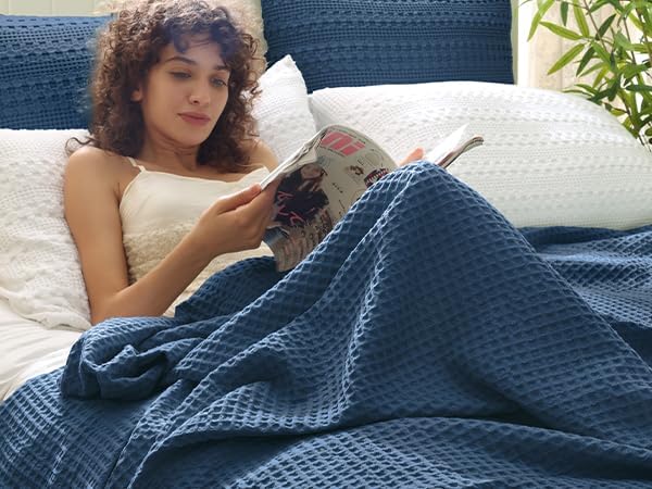 PHF Ultra Soft Waffle Weave Throw Blanket 50"x 60"- Washed Lightweight Breathablee Cozy Woven Blanket - Great for Couch Bed Sofa Home Car - Navy Blue-Ruum Studio Home