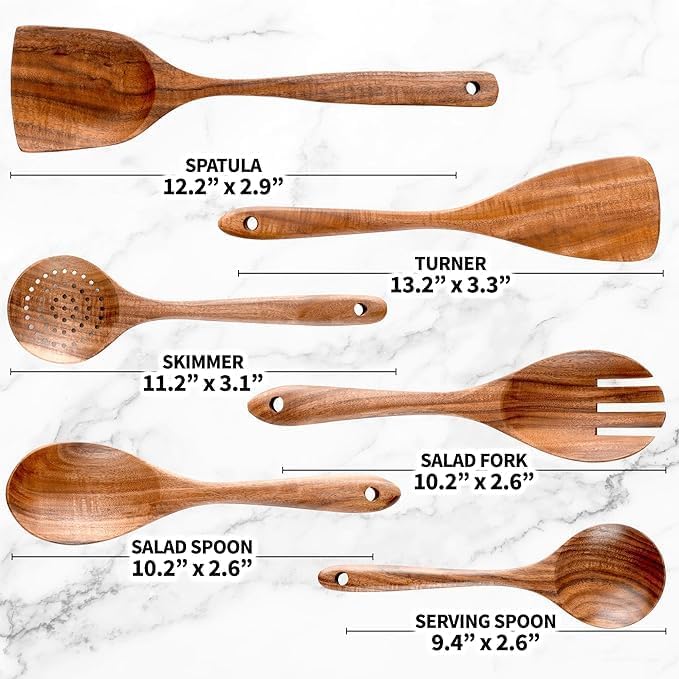 9 Piece Natural Teak Wooden Kitchen Utensil Set with Spoon Rest - Comfort Grip Cooking Spoons and Utensils Holder-Ruum Studio Home