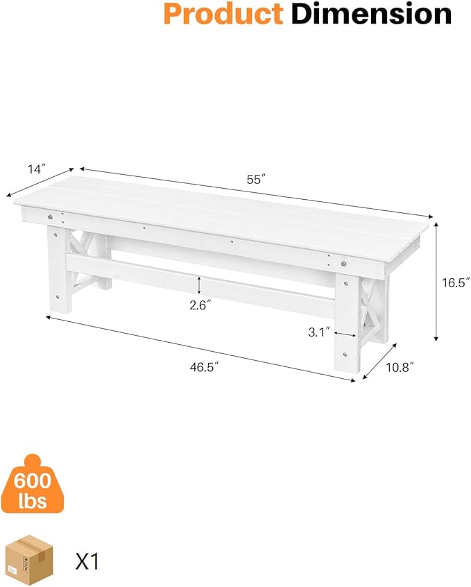 HDPE Outdoor Bench, 55" Patio Bench Outdoor Furniture, Poly Lumber Adirondack Benches, All Weather HDPE Patio Backless Benches for Park, Poolside, Garden, Porch, Pearl-Ruum Studio Home