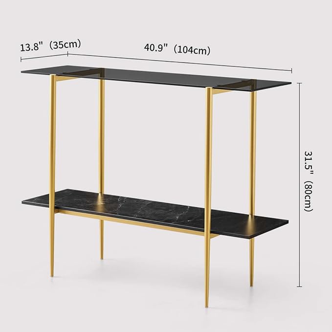 Glass Console Table for Living Room, Foyer & Entrance, 2-Tiers Mid-Century Modern Sofa Table with Grey Glass Top, Black Marble Finish Wood Shelf and Gold Finish Frame-Ruum Studio Home
