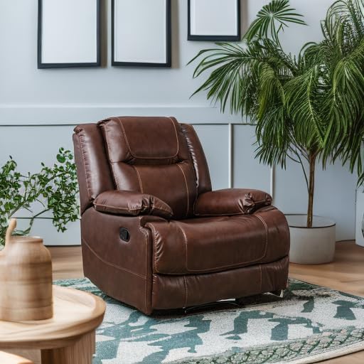 EBELLO Genuine Leather Manual Recliner Chair, Reclining Sofa Chair Couch for Living Room, Bedroom Furniture, Meeting Room, Brown-Ruum Studio Home