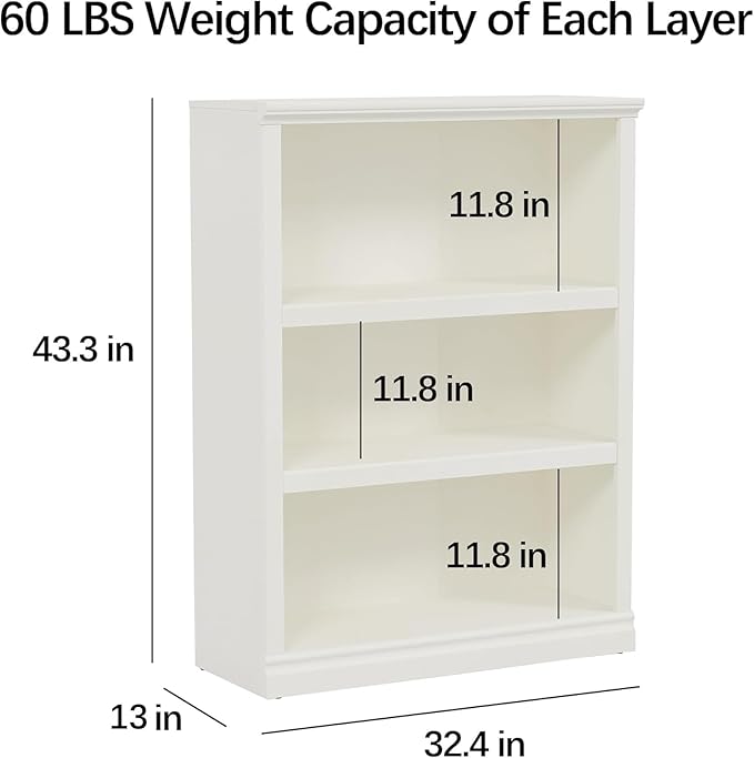 43 in Tall Bookcase, 3-Tier Bookshelf Open Storage, 33 inch Wide Floor Standing Indoor Furniture, Book Cases for Home School Library Office Bedroom Kids, White 3 Tiers-Ruum Studio Home