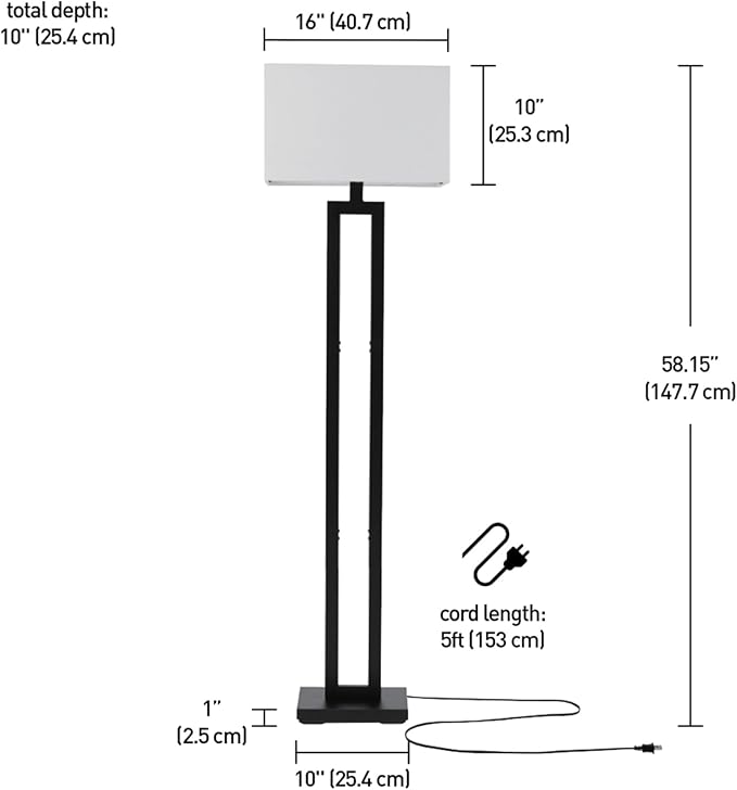 GLOBE Electric 67046 58" Floor Lamp, Matte Black Finish, White Linen Rectangular Shade, Modern Geometric Cutout Design, E26 Base-Ruum Studio Home