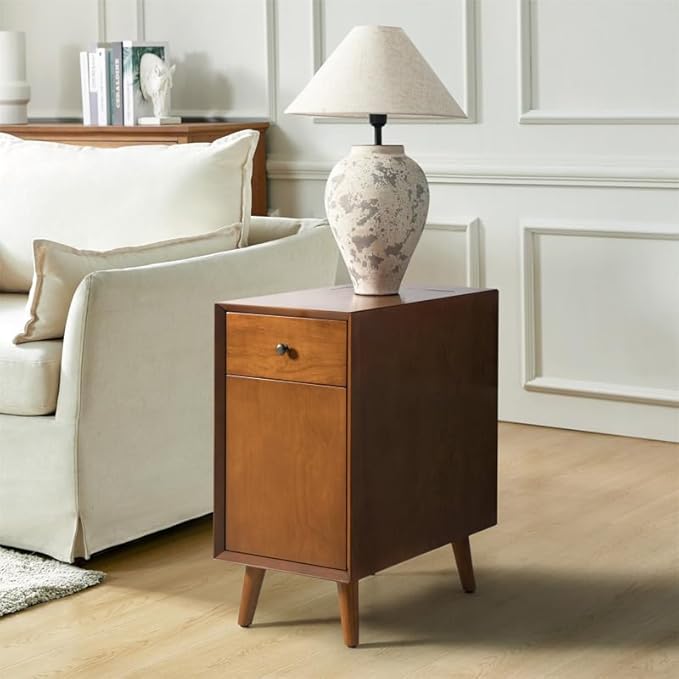 HULALA HOME End Table with Drawer and Charging Station, Modern End Table with USB Ports and Outlets, Wooden Side Table with Storage-Acorn-Ruum Studio Home