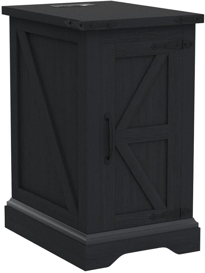 JXQTLINGMU Nightstand with Charging Station, Rectangular Farmhouse End Table with Barn Door and Adjustable Storage Shelf, 17" Deep Wood Rustic Sofa Side Table for Living Room, Bedroom, Black-Ruum Studio Home