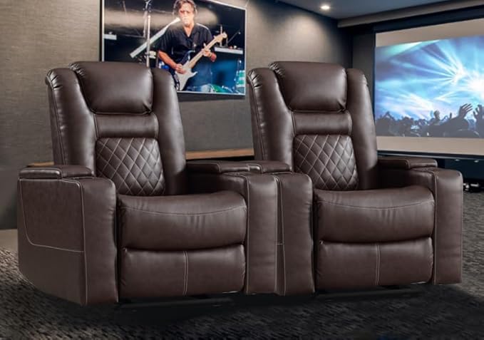 CANMOV Electric Power Recliner Chair Set of 2, Breathable Leather Home Theater Seating with Hidden Arm Storage, Power Recliner Chair for Living Room with USB Ports and Cup Holders,Red Brown-Ruum Studio Home