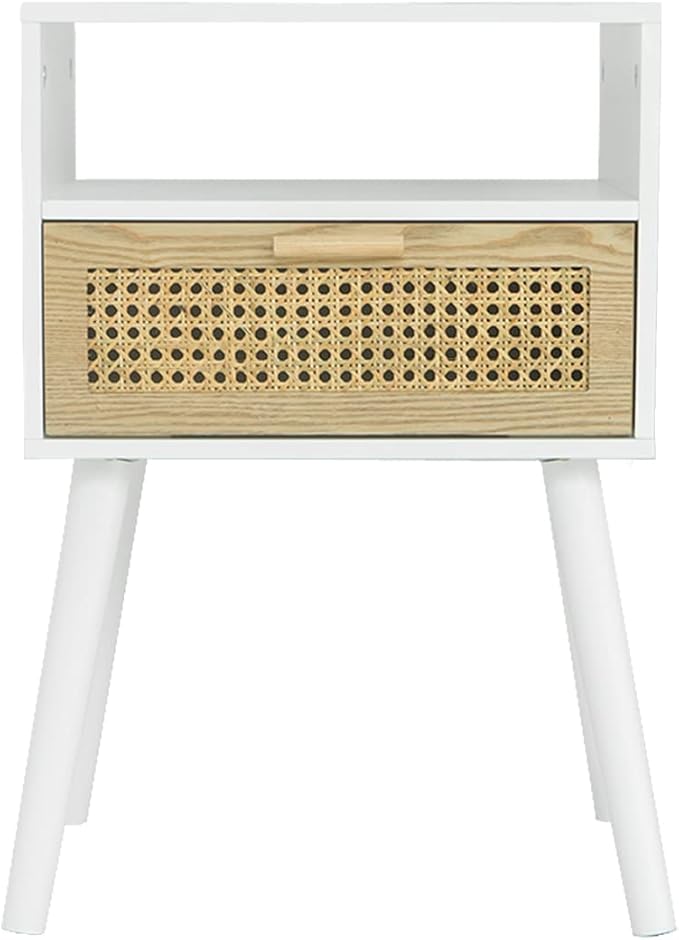 MaxSmeo White Nightstand with Drawer, Mid Century Modern Nightstand, Rattan Side Table, End Table with Storage for Living Room, Bedroom and Small Spaces, Easy Assembly (White)-Ruum Studio Home