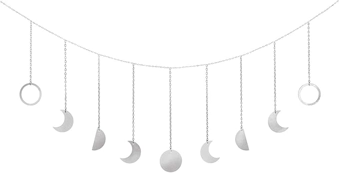 Mkono Moon Phase Wall Hanging Boho Aesthetic Room Decor Metal Moons Garland Hanging Art Bohemian Home Decoration for Girls Room Nursery Bedroom Livingroom Dorm, Ideal, Silver, 50"-Ruum Studio Home