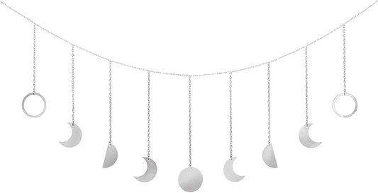 Mkono Moon Phase Wall Hanging Boho Aesthetic Room Decor Metal Moons Garland Hanging Art Bohemian Home Decoration for Girls Room Nursery Bedroom Livingroom Dorm, Ideal, Silver, 50"-Ruum Studio Home