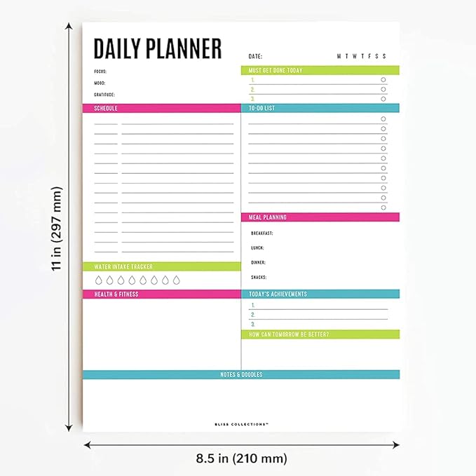 Bliss Collections Daily Planning Pad, To Do List Notebook - Undated Tear-Off Sheets Notepad - Work Calendar, Organizer, Scheduler for Goals, Tasks - Vibrant, 8.5" x 11", 50 Sheets-Ruum Studio Home
