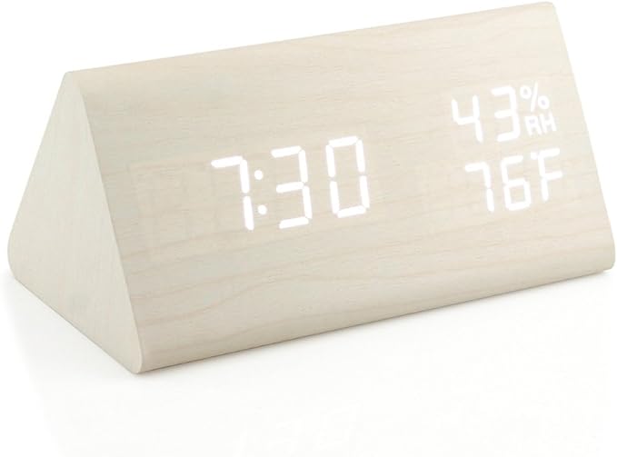 OCT17 Wooden Alarm Clock, Wood Alarm Clock Smart LED Digital Clock for Bedroom/desks, Upgraded with Time Temperature, Adjustable Brightness and Voice Control, Humidity Displaying - White-Ruum Studio Home