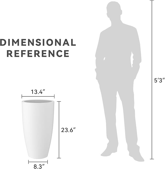 Kante 23.6" H Pure White Finish Concrete Tall Planters Large Outdoor Indoor Decorative Plant Pots with Drainage Hole and Rubber Plug, Modern Tapered Style for Home and Garden-Ruum Studio Home