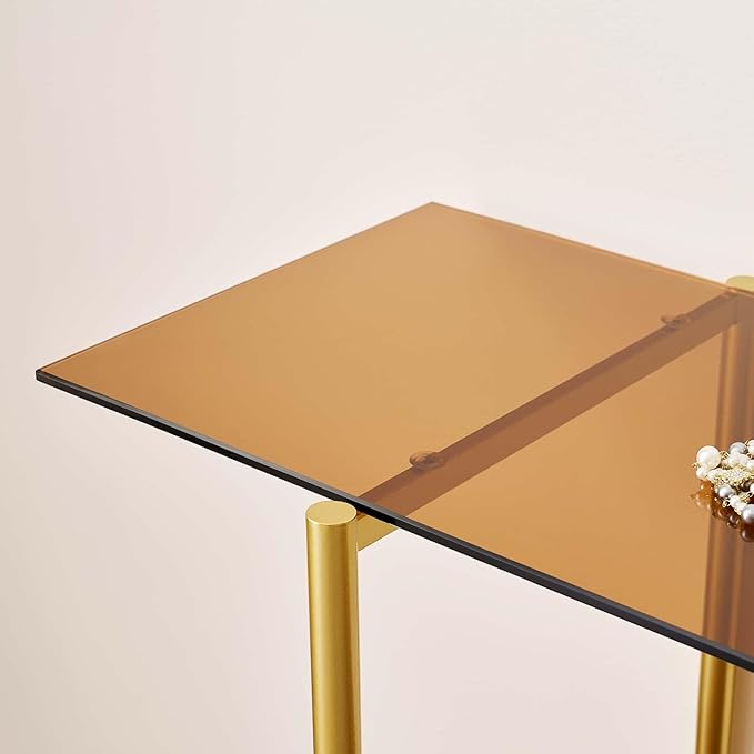Extra Large Glass Console Table for Living Room, Foyer & Entrance, L47 x W16 x H31, Mid-Century Modern Sofa Table with Amber Glass Top, Walnut Finish Wood Top and Gold Finish Metal Frame-Ruum Studio Home