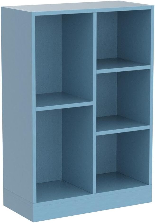 IOTXY Open Shelf Low Bookcase - Wooden 3-Tier Floor Standing Display Cabinet Organizer with Base, 5 Cubes Short Horizontal Bookshelf in Bright Blue-Ruum Studio Home