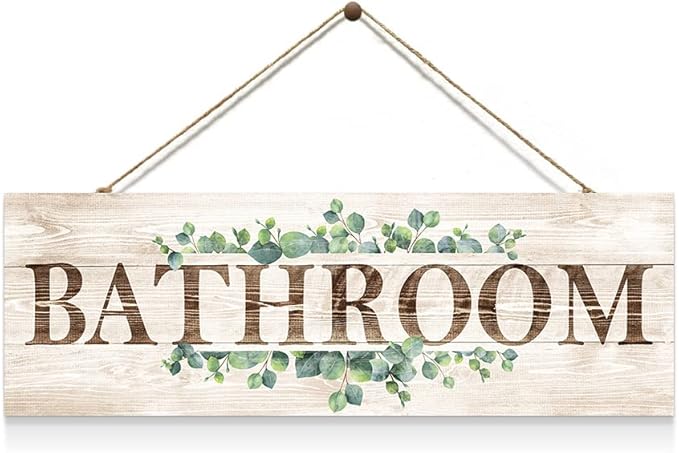 Bathroom Sign Wall Decor, Bathroom Wall Art with Plant Print, Rustic Farmhouse Wall Hanging Plaque Home Kitchen Decorative Bathroom, 4.7 x 13.7 inches-Ruum Studio Home