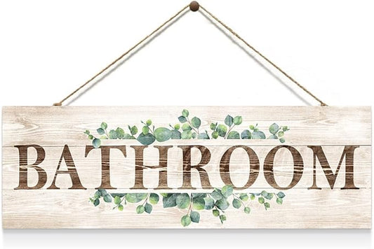 Bathroom Sign Wall Decor, Bathroom Wall Art with Plant Print, Rustic Farmhouse Wall Hanging Plaque Home Kitchen Decorative Bathroom, 4.7 x 13.7 inches-Ruum Studio Home