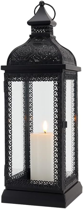 TRIROCKS Rustic Style Metal Candle Lantern 19'' High Decorative Hanging Lantern Candle Holder with Tempered Glass for Christmas Living Room Garden Yard Patio Parties Events Indoors Outdoors(Black)-Ruum Studio Home