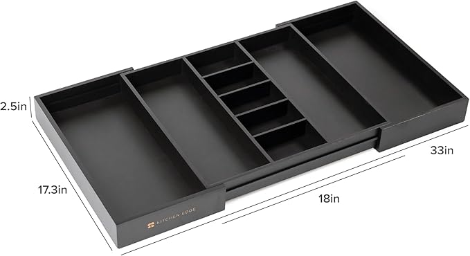 Adjustable Kitchen Drawer Organizer for Utensils and Junk, Food-Safe Contract Grade with 100% Sustainable Wood, Expandable from 19 to 33 Inches Wide - Black Bamboo-Ruum Studio Home