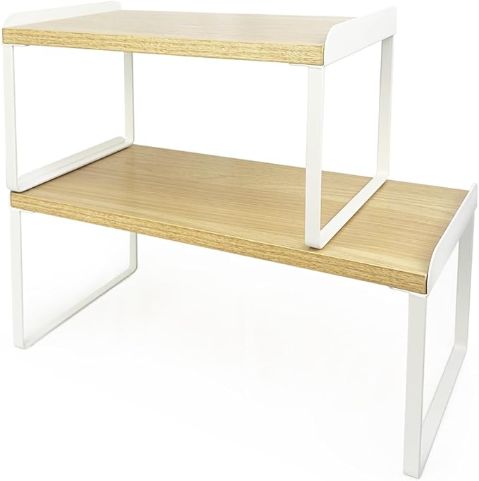 Mitus Shelf Organizer and Storage, Stackable Tiered Wood Cabinet Rack for Countertops, Desktops, Cabinets (Set of 2) 12" and 16" Wide Natural Oak and White-Ruum Studio Home