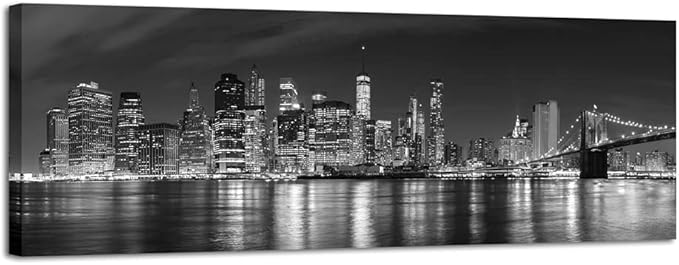 Wieco Art New York Manhattan Night View in Black and White Giclee Canvas Prints Modern Stretched and Framed Art work Cityscape Pictures Paintings on Canvas Wall Art for Bedroom Home Decorations-Ruum Studio Home