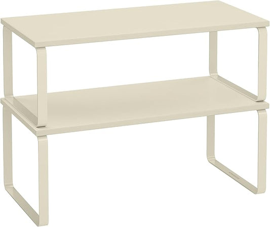 SONGMICS Cabinet Organizer Shelf, Set of 2 Kitchen Counter Shelves, Kitchen Storage, Spice Rack, Stackable, Expandable, Metal and Engineered Wood, Cream White UKCS200W02-Ruum Studio Home