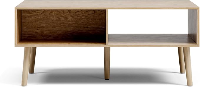 Coffee Table with Storage, Boho Dining Table with Fluted Drawer and Solid Wood Legs, Small Coffee Tables for Living Room, Oak-Ruum Studio Home