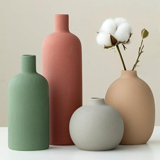 Modern Ceramic Vase Set, Neutral Colors, Decorative Vases for Home Decor, 4 Piece Collection (Green Mix Set 4)-Ruum Studio Home