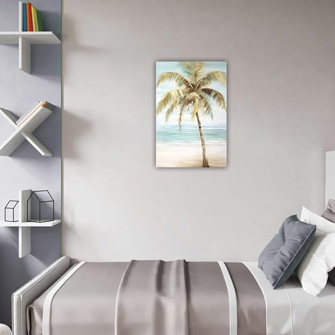 LURENCZH Tropical Beach Canvas Wall Art Seaside Palm Tree Picture Wall Decor Ocean Scenery Painting Prints for Bathroom Decor Framed(Beach-1,12.00" x 18.00")-Ruum Studio Home
