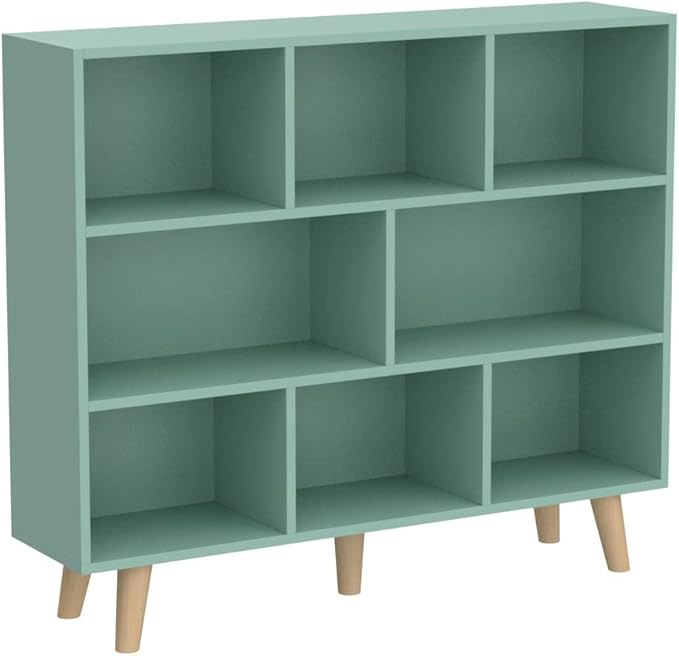 IOTXY Wooden Open Shelf Bookcase - 3-Tier Floor Standing Display Cabinet Rack with Legs, 8 Cubes Bookshelf, Tiffany-Green-Ruum Studio Home