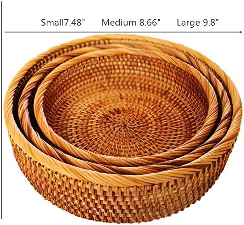 3 Pack Hadewoven Round Rattan Fruit Basket Wicker Food Tray Weaving Storage Holder Dinning Room Bowl, 10 Inch Small Wicker Basket Serving Tray Woven Basket for Bread,Snack,Brown(3-Size Kit)-Ruum Studio Home