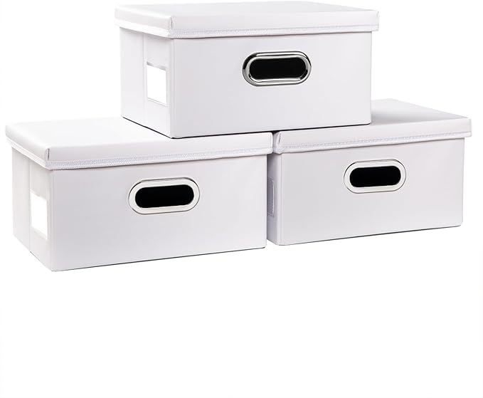 PRANDOM Collapsible Storage Box with Lid [3-Pack] Leather Fabric Foldable Storage Bin Organizer Container Basket Cube with Cover for Home Bedroom Closet Office Nursery White(13.6x9.6x6.9)-Ruum Studio Home