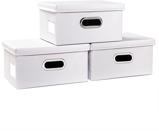 PRANDOM Collapsible Storage Box with Lid [3-Pack] Leather Fabric Foldable Storage Bin Organizer Container Basket Cube with Cover for Home Bedroom Closet Office Nursery White(13.6x9.6x6.9)-Ruum Studio Home